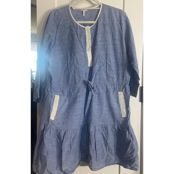 Joie Ecidra Cotton Chambray Tie Waist Tiered Pocket Pullover Mini Dress Blue M - Picture 1 of 8